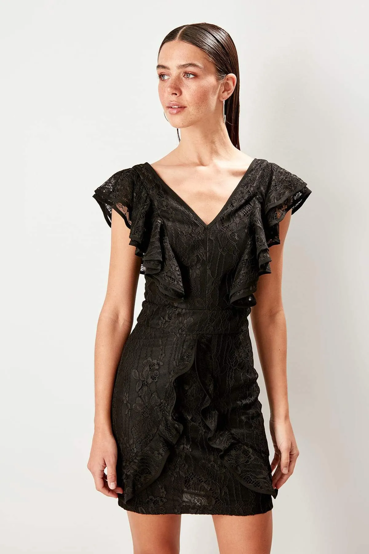 10879 Black Ruffle Detail Lace Dress