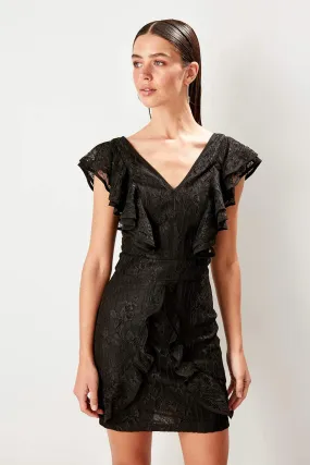 10879 Black Ruffle Detail Lace Dress