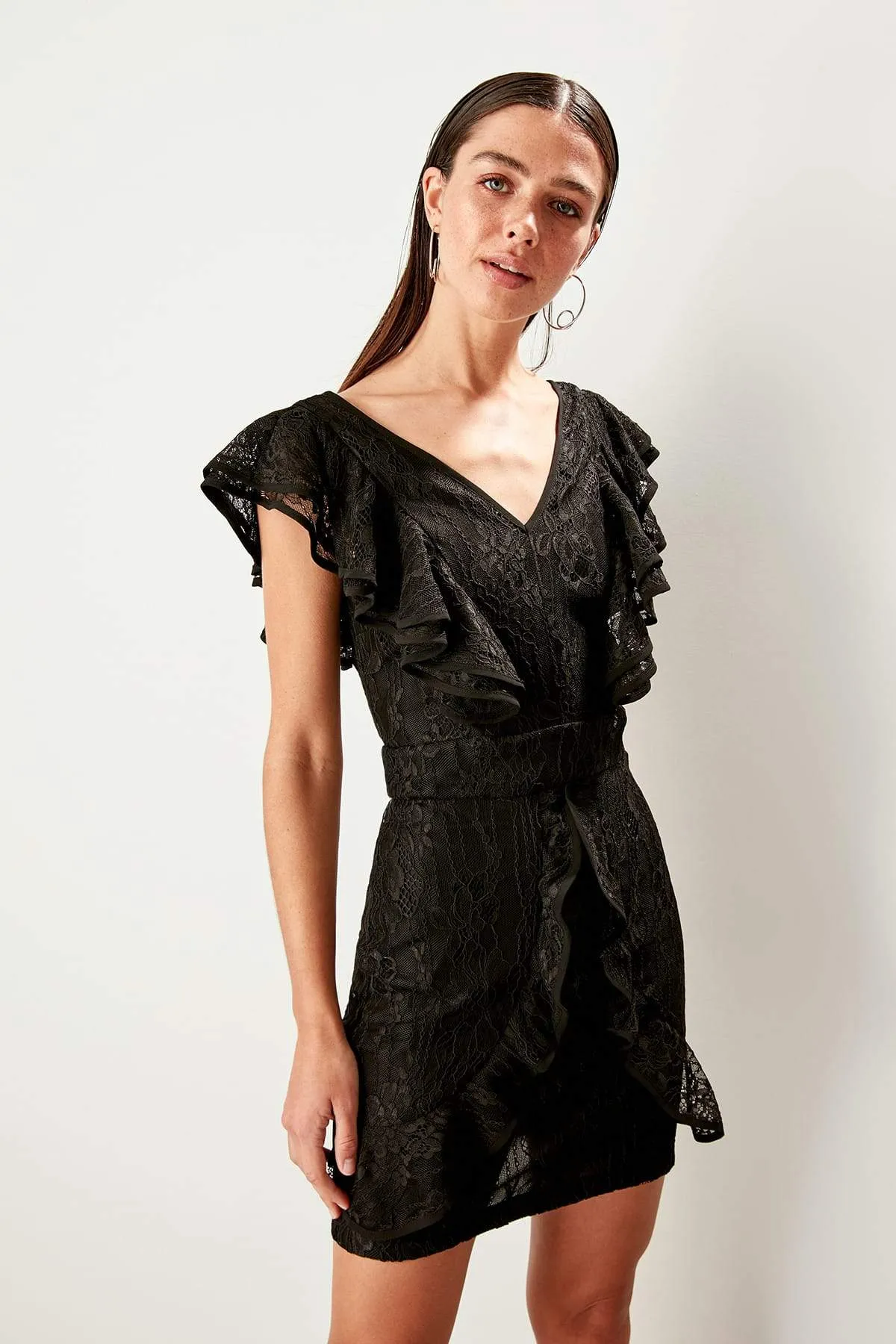 10879 Black Ruffle Detail Lace Dress
