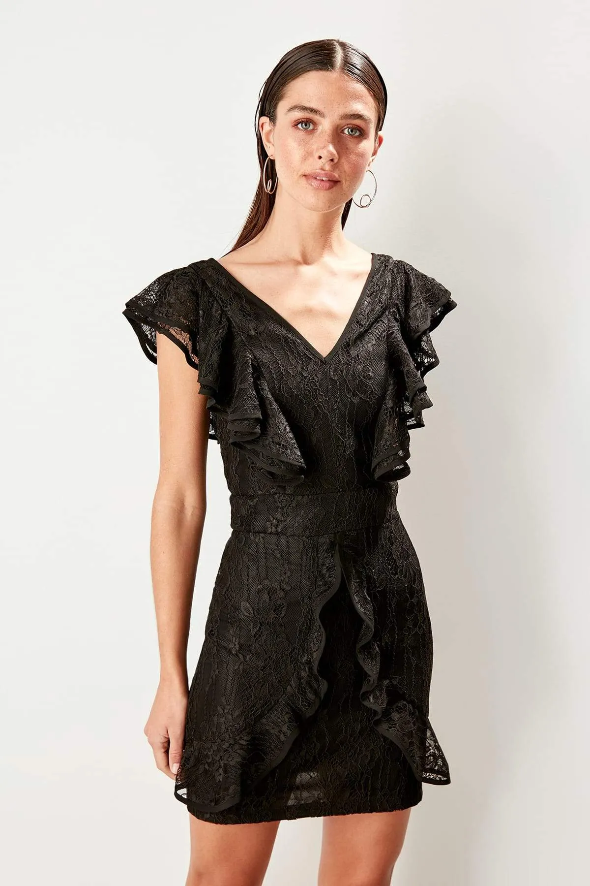 10879 Black Ruffle Detail Lace Dress
