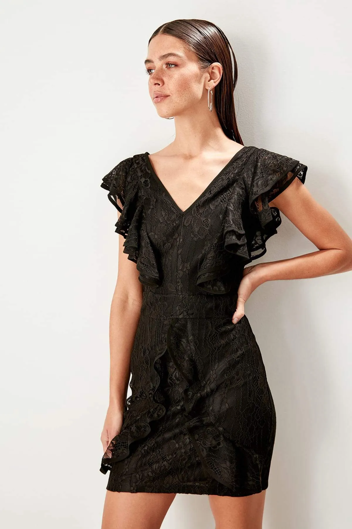 10879 Black Ruffle Detail Lace Dress