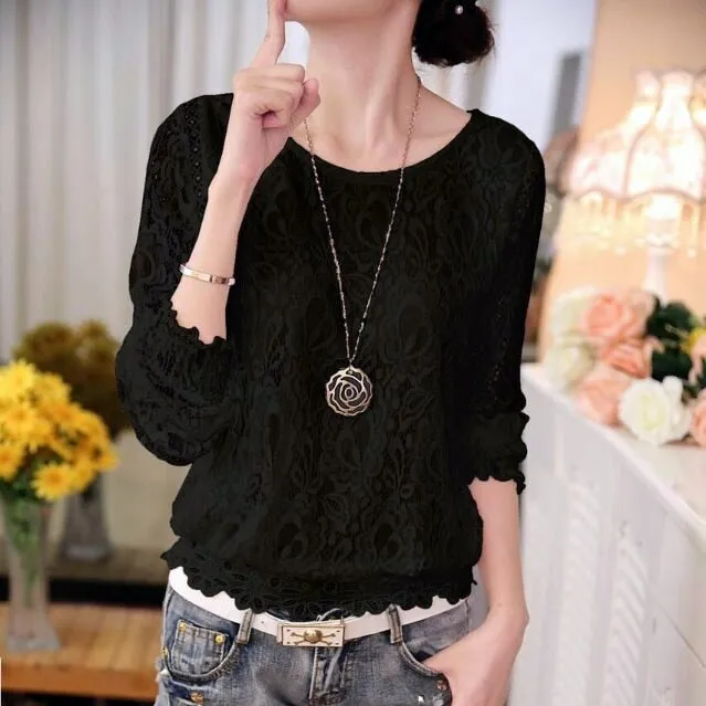2018 New autumn Ladies White Blusas Women's Long Sleeve Chiffon Lace Crochet Tops Blouses Women Clothing Feminine Blouse 51C