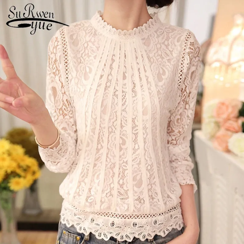 2018 New autumn Ladies White Blusas Women's Long Sleeve Chiffon Lace Crochet Tops Blouses Women Clothing Feminine Blouse 51C