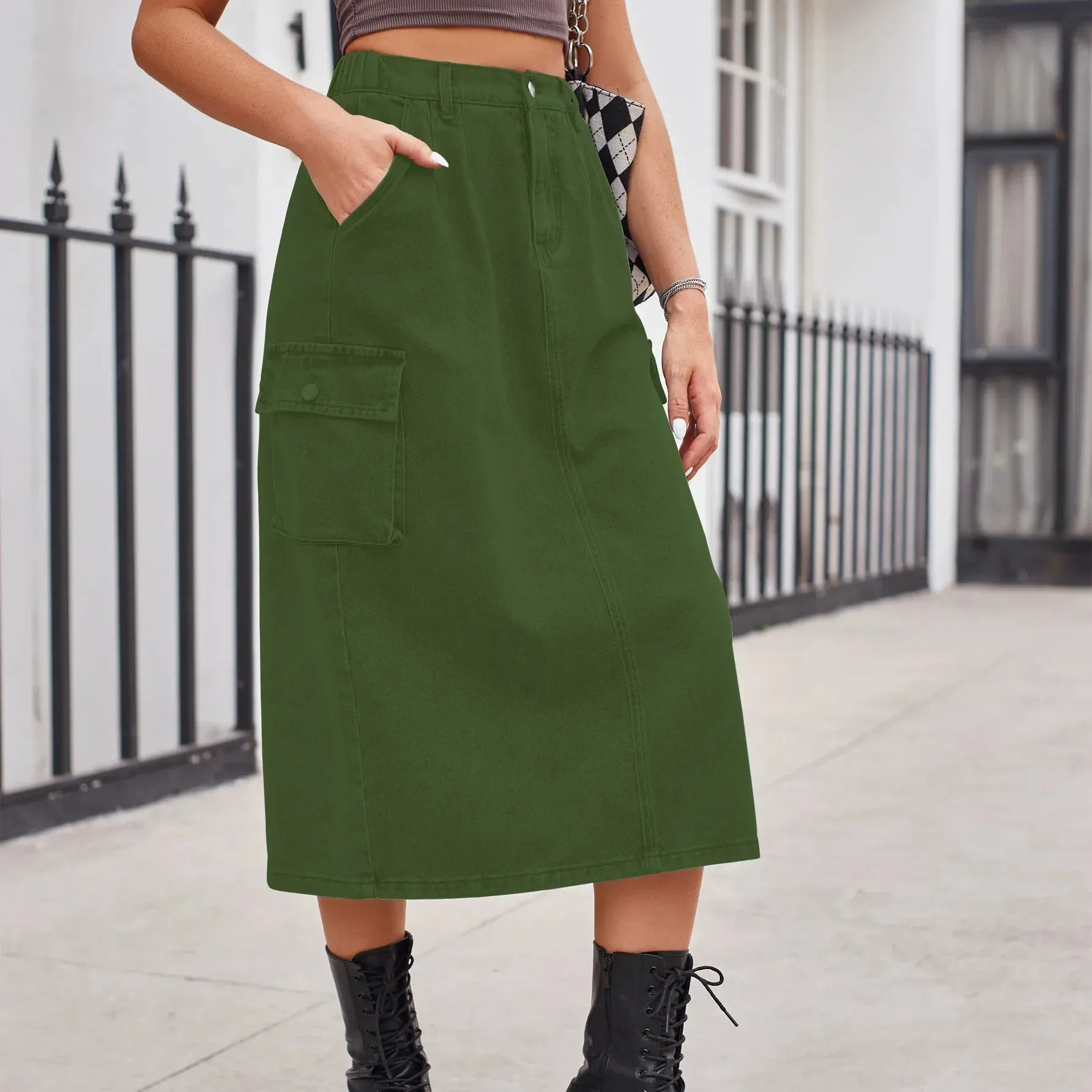 2024 Straight Long Denim High Waist Button Pockets Split Retro Maxi Skirt