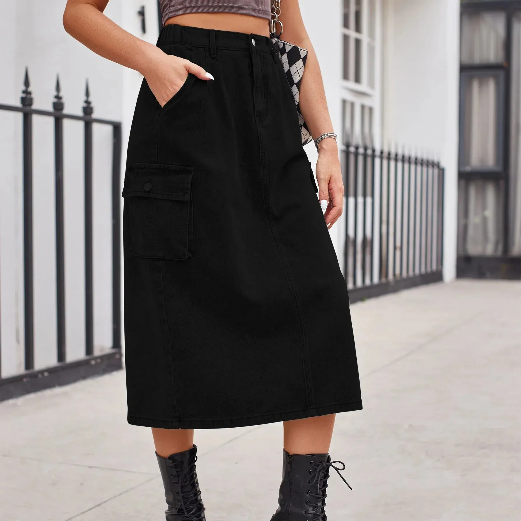 2024 Straight Long Denim High Waist Button Pockets Split Retro Maxi Skirt