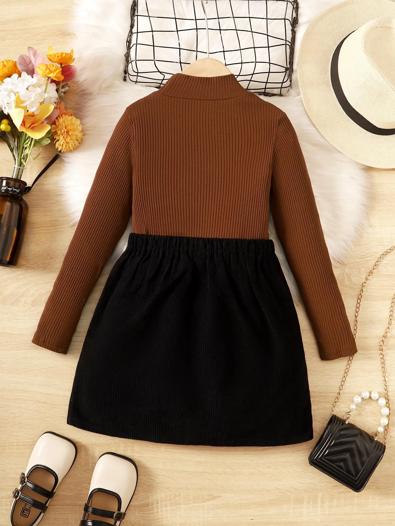 5-14Y Kids Clothes Girls Skirts Sets For Spring Autunmu Stand-up Collar Solid Color Tops Button Skirts 2Pcs  Brown Catpapa 462305005