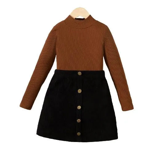 5-14Y Kids Clothes Girls Skirts Sets For Spring Autunmu Stand-up Collar Solid Color Tops Button Skirts 2Pcs  Brown Catpapa 462305005