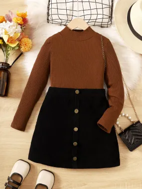 5-14Y Kids Clothes Girls Skirts Sets For Spring Autunmu Stand-up Collar Solid Color Tops Button Skirts 2Pcs  Brown Catpapa 462305005