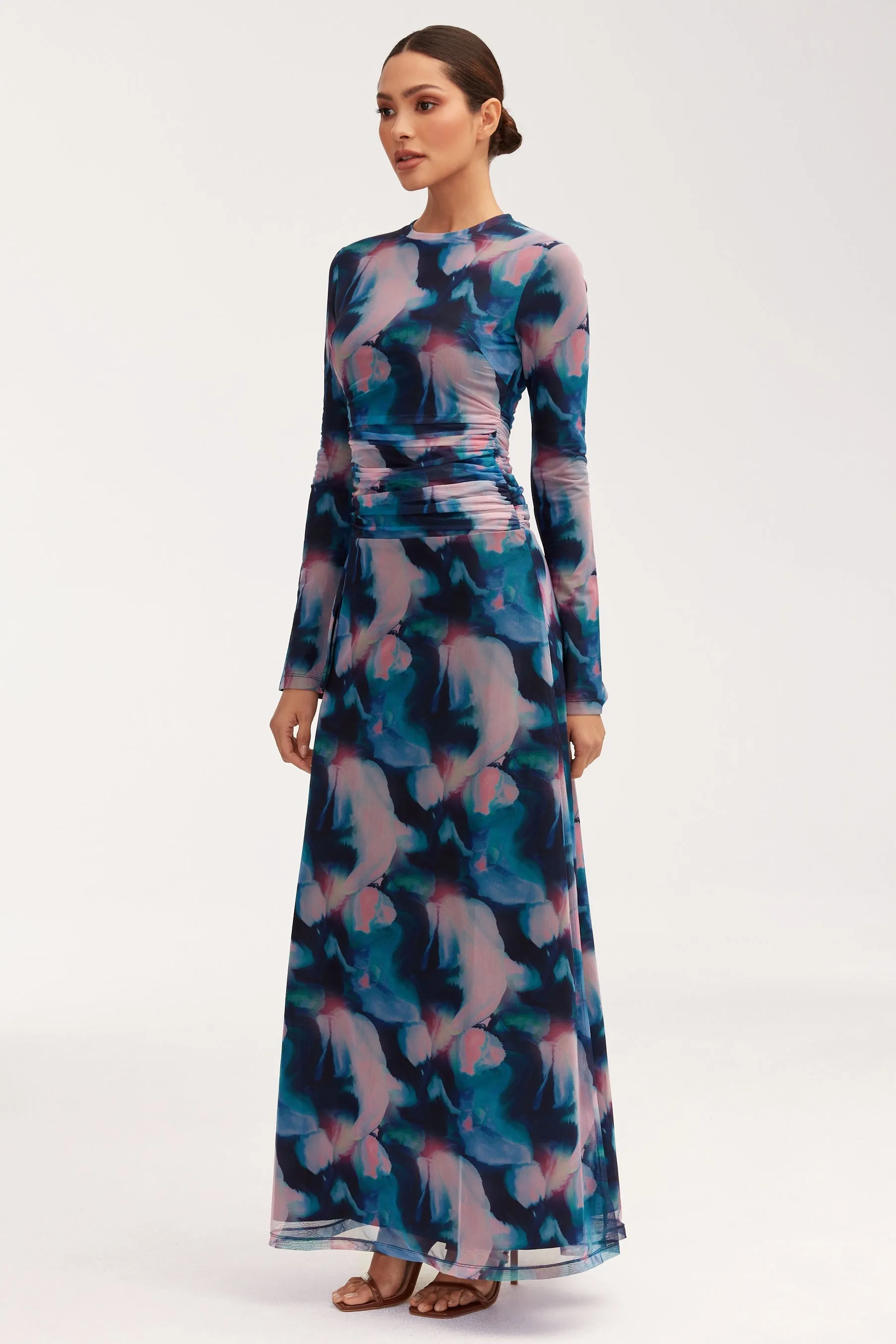 Adelina Rouched Mesh Maxi Dress - Blue Tie Dye