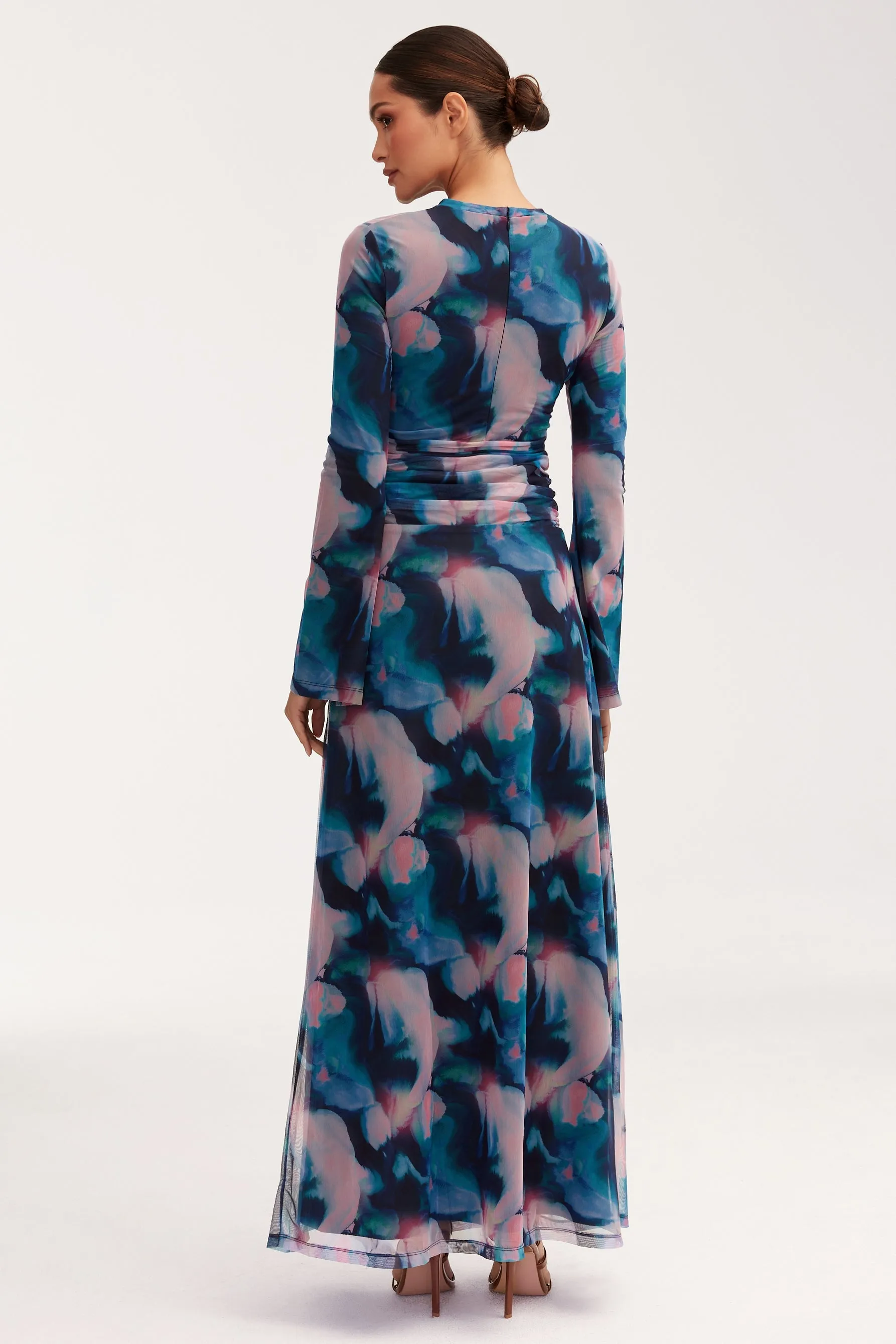 Adelina Rouched Mesh Maxi Dress - Blue Tie Dye