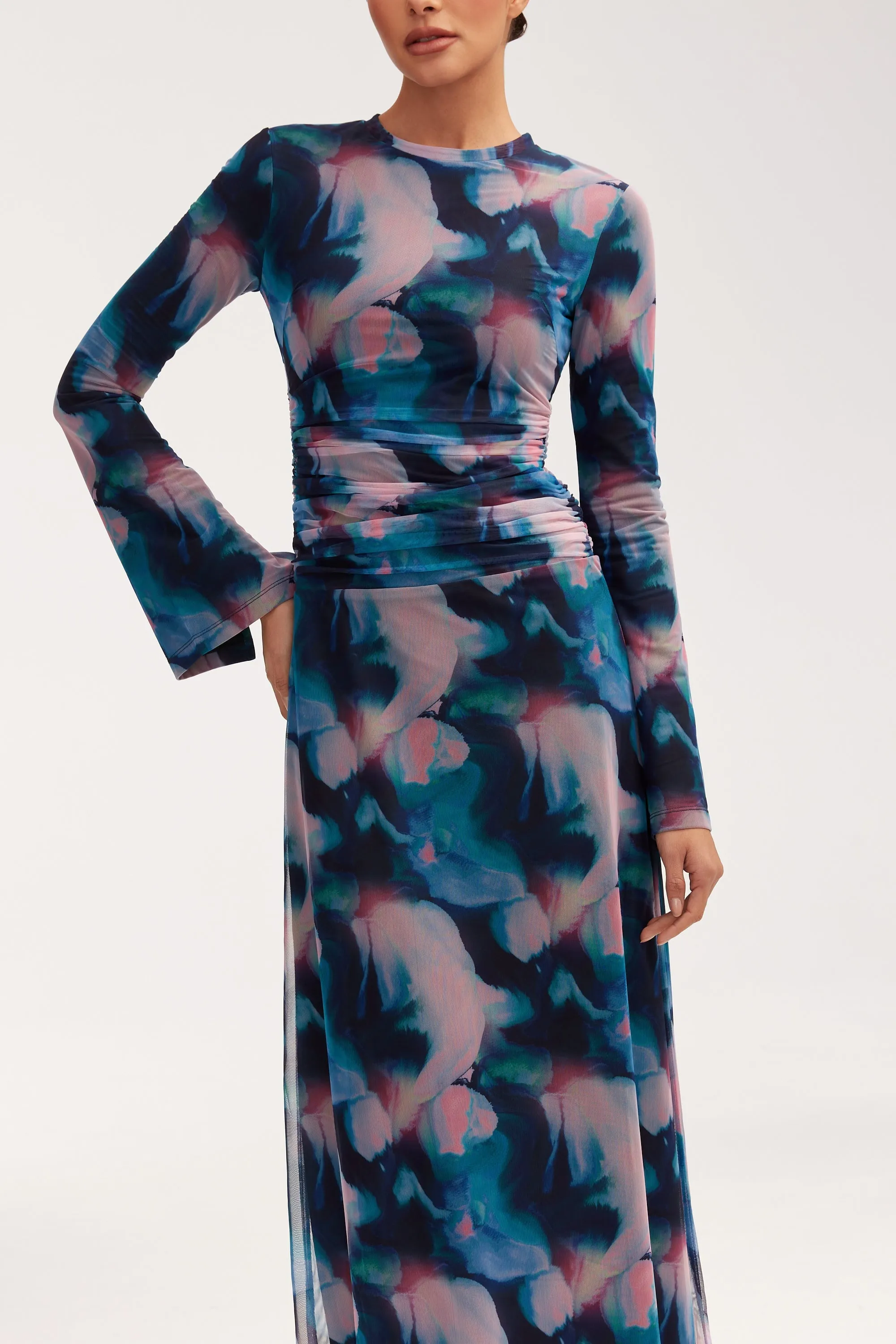 Adelina Rouched Mesh Maxi Dress - Blue Tie Dye