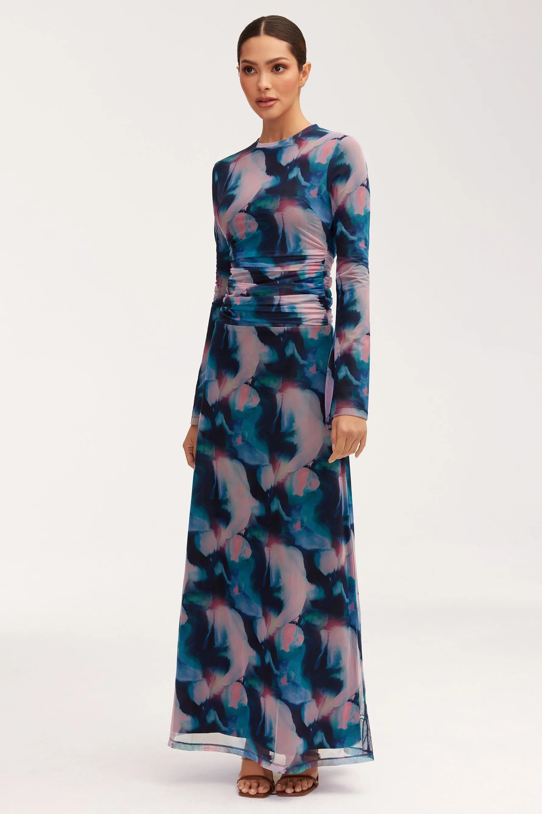 Adelina Rouched Mesh Maxi Dress - Blue Tie Dye