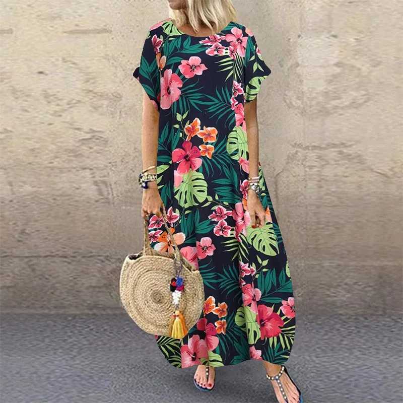 Amy Fashion - Casual Vintage Short Sleeve Floral Printed Vestido Female Robe