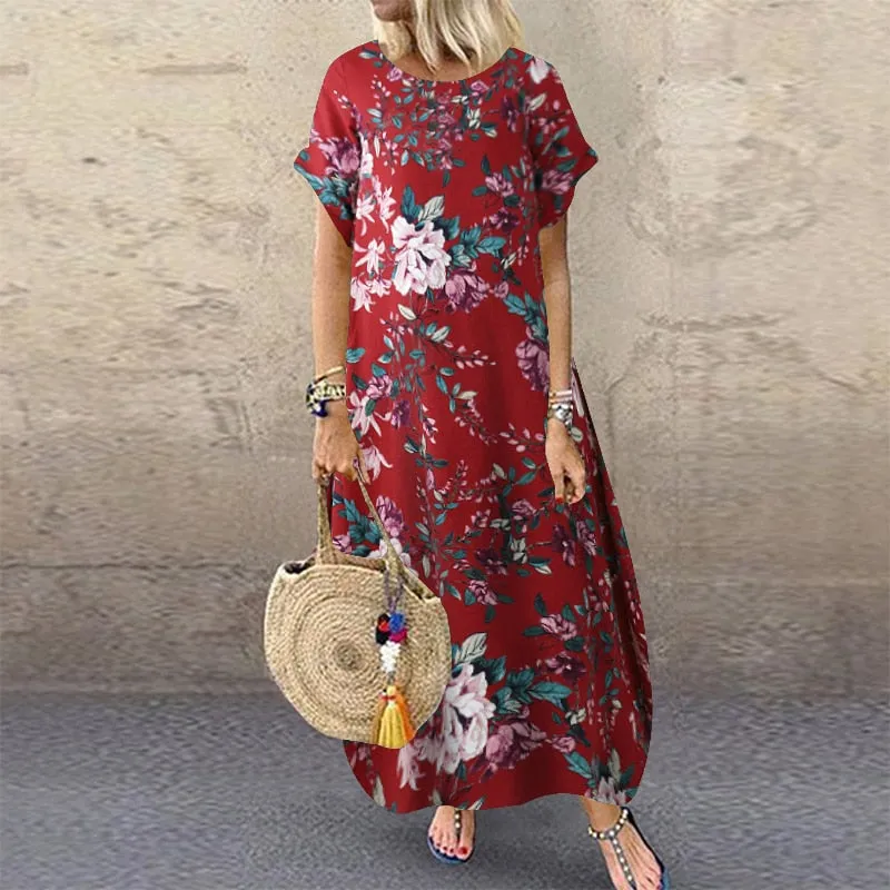 Amy Fashion - Casual Vintage Short Sleeve Floral Printed Vestido Female Robe