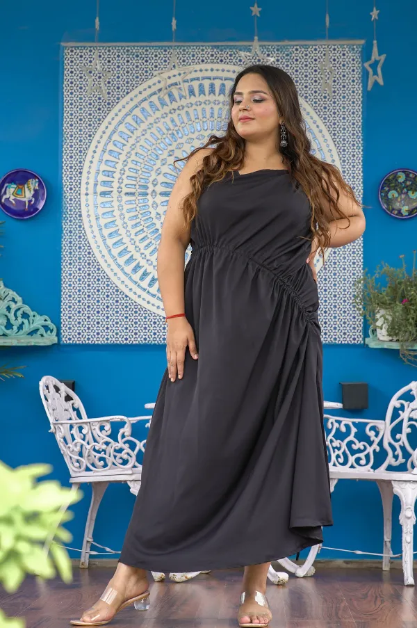 ASYMMETRIC STRAPLESS BLACK LONG DRESS