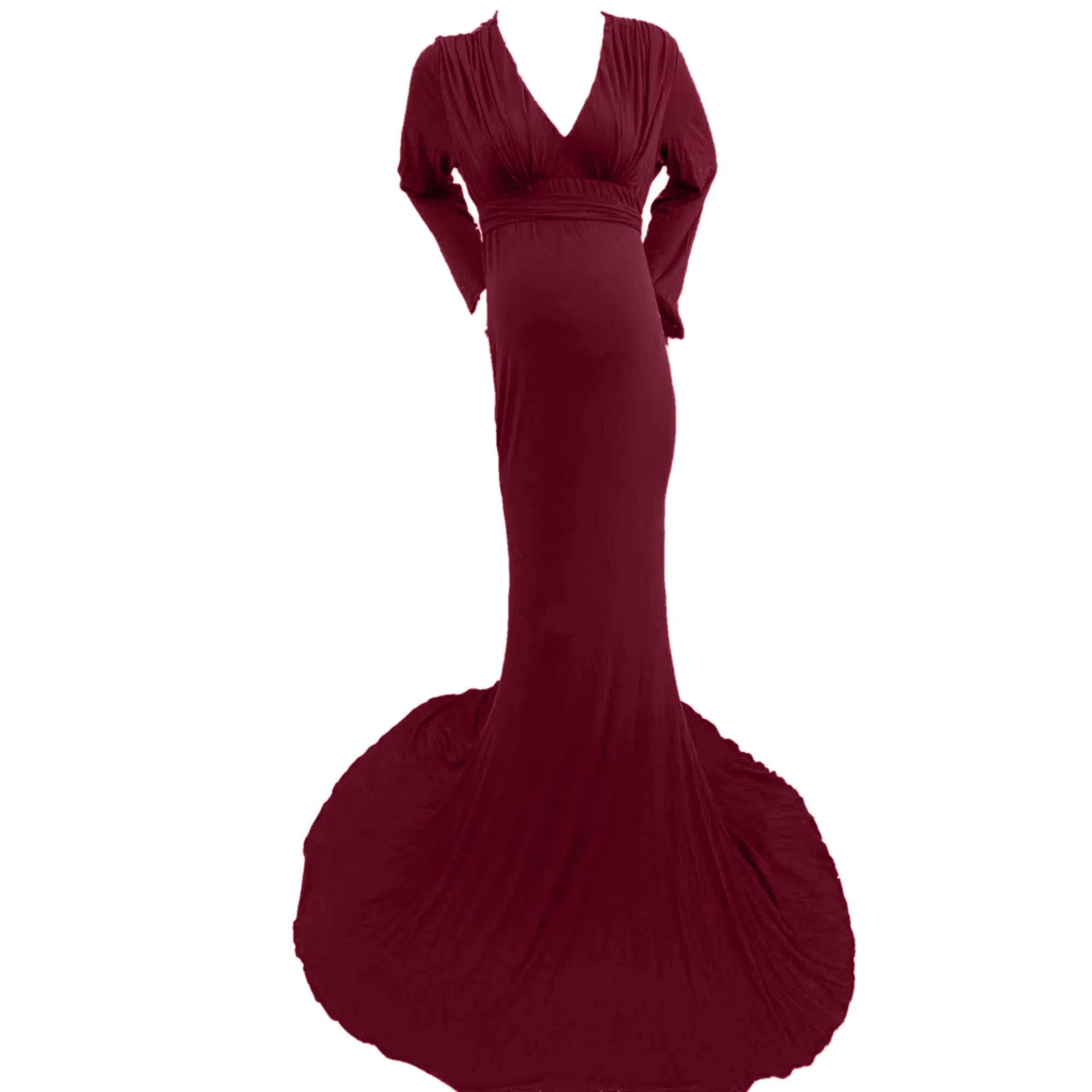 Babymoon V Neck Maternity Gown Dress - Maroon