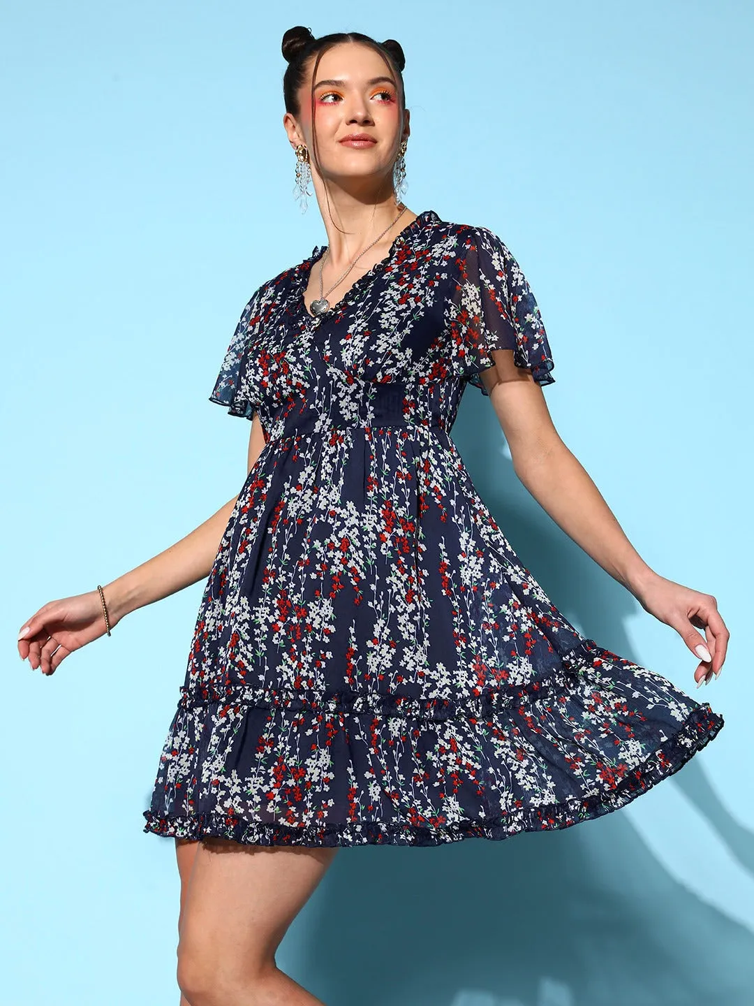 Berrylush Women Navy Blue & White Floral Printed V-Neck Crepe Woven Flared A-Line Mini Dress