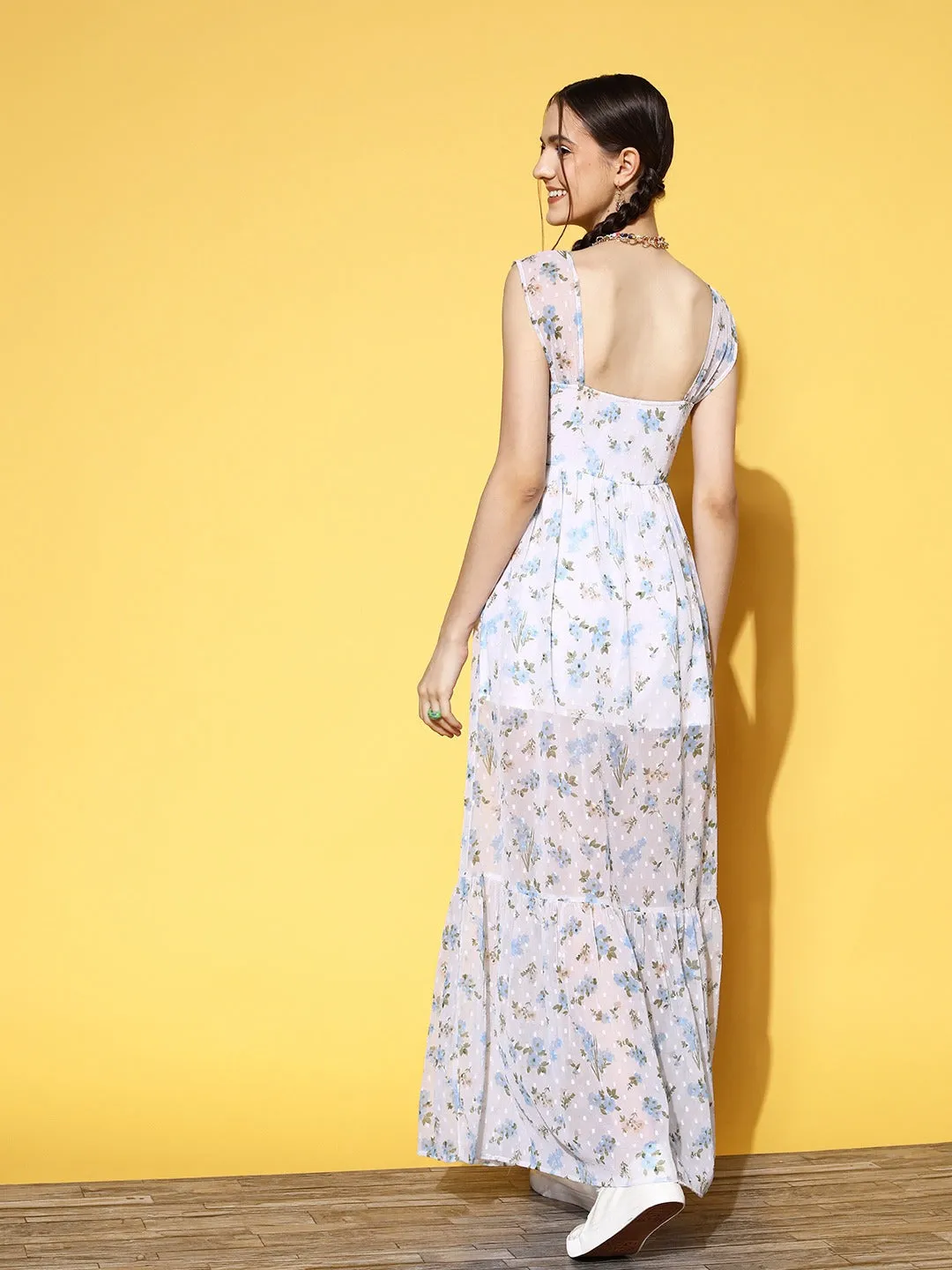 Berrylush Women White & Blue Floral Printed Dobby Weave Sweetheart Neck Flounce Hem Tiered Maxi Dress