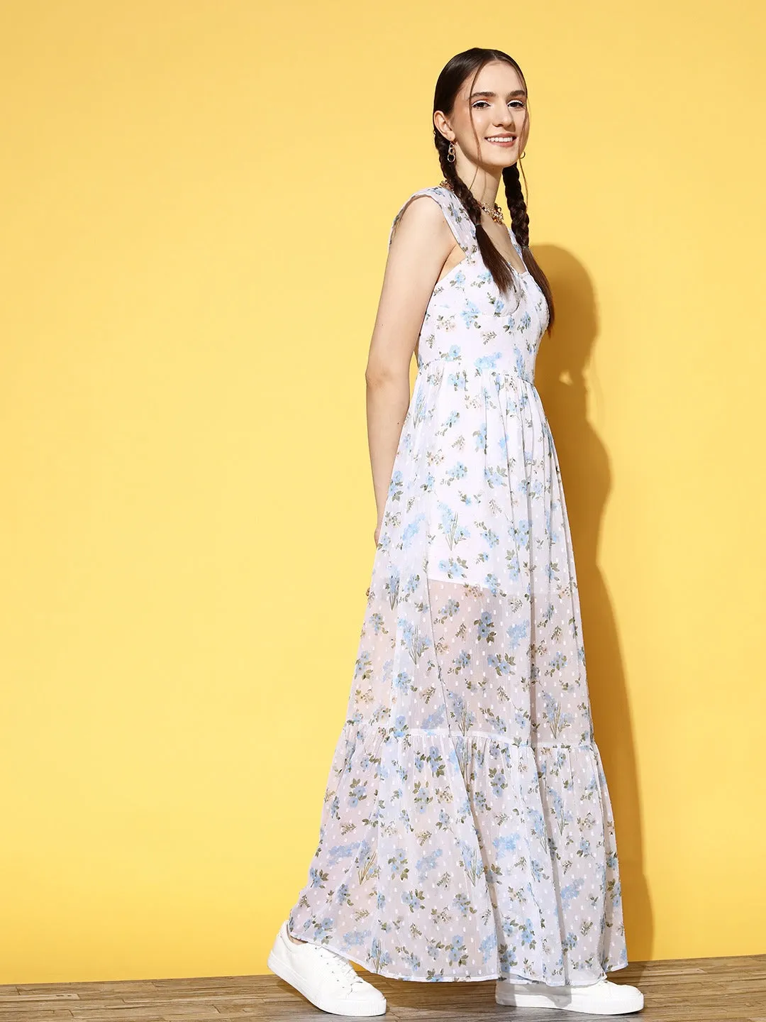 Berrylush Women White & Blue Floral Printed Dobby Weave Sweetheart Neck Flounce Hem Tiered Maxi Dress