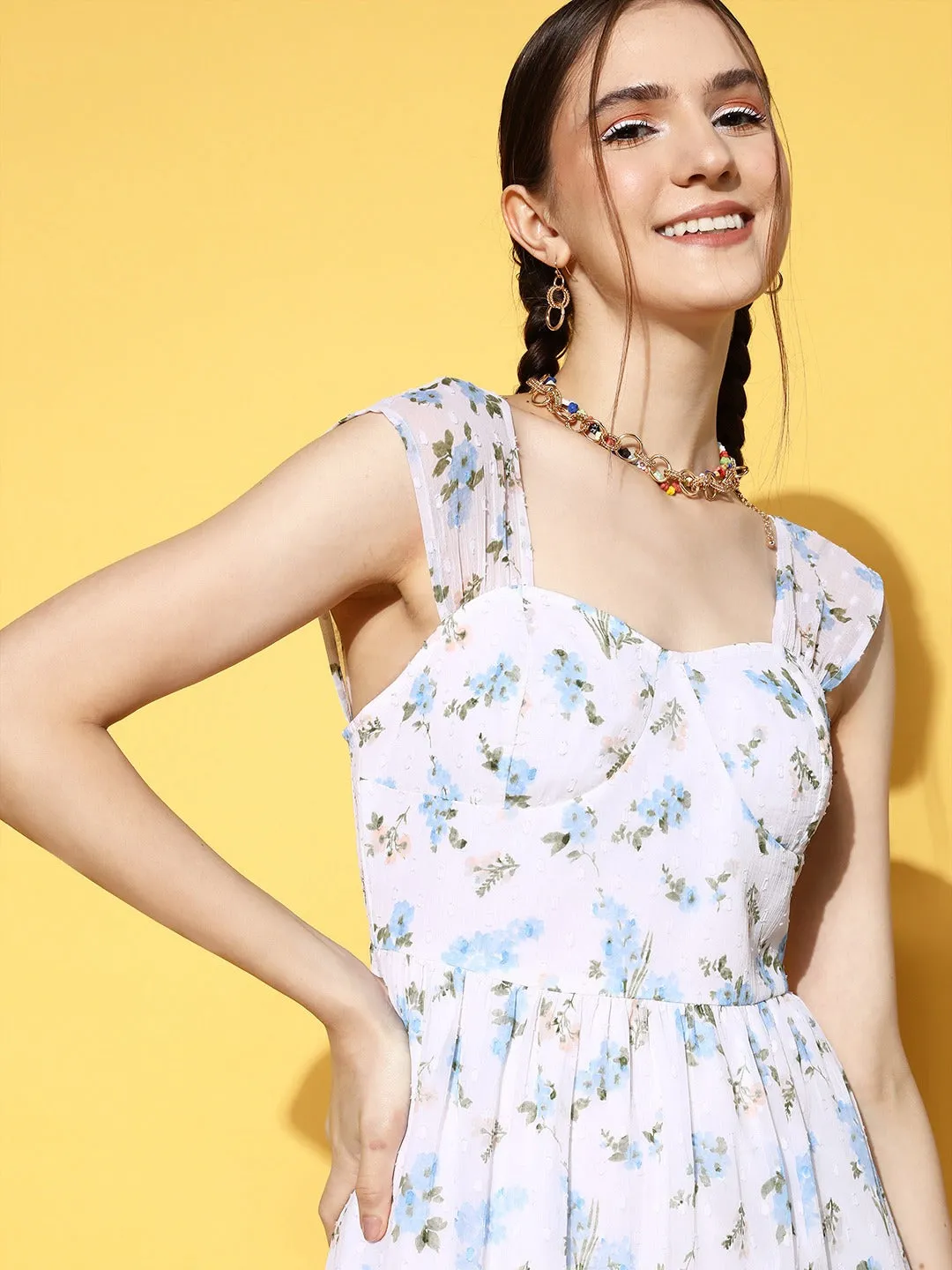 Berrylush Women White & Blue Floral Printed Dobby Weave Sweetheart Neck Flounce Hem Tiered Maxi Dress