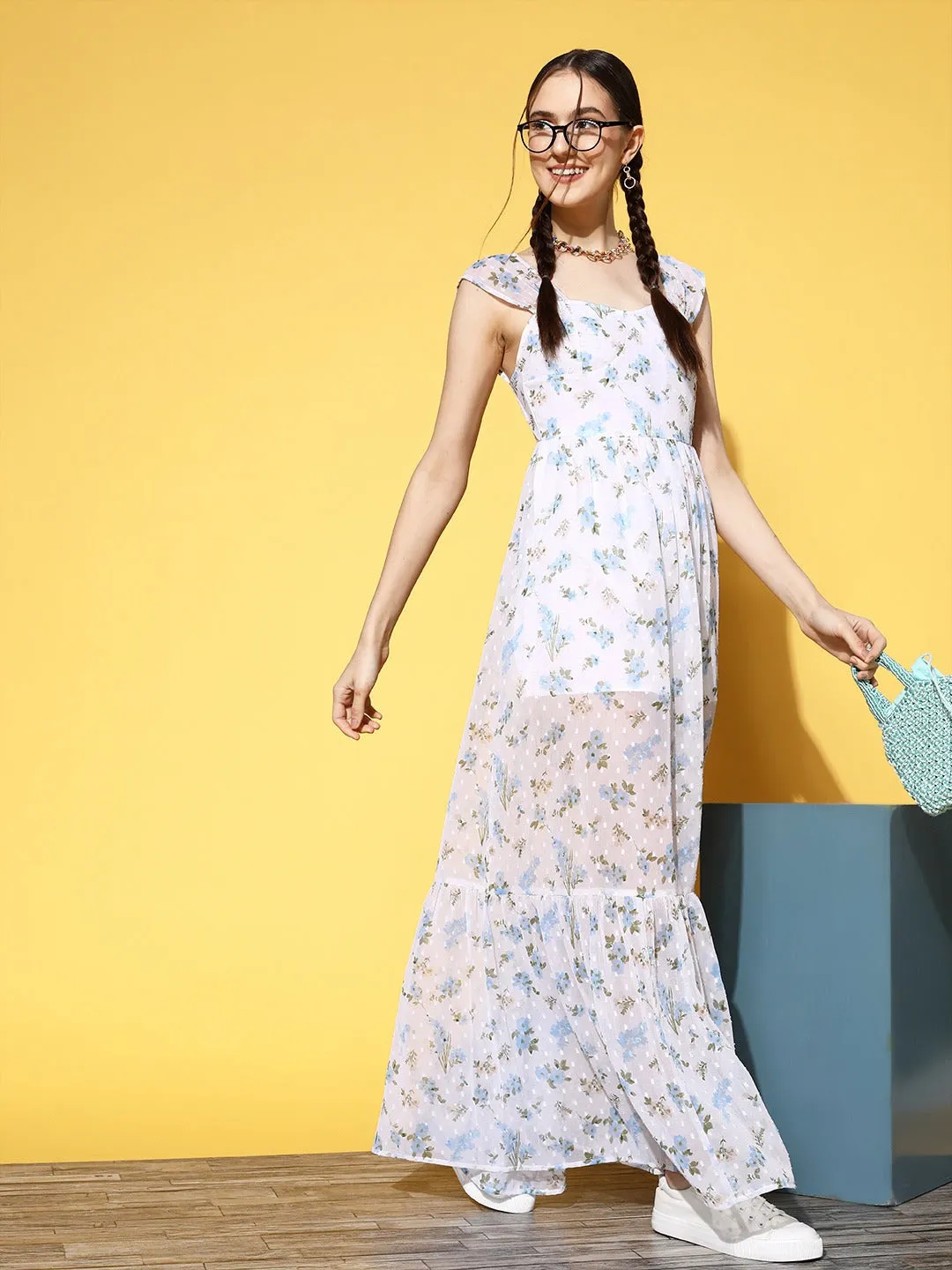 Berrylush Women White & Blue Floral Printed Dobby Weave Sweetheart Neck Flounce Hem Tiered Maxi Dress
