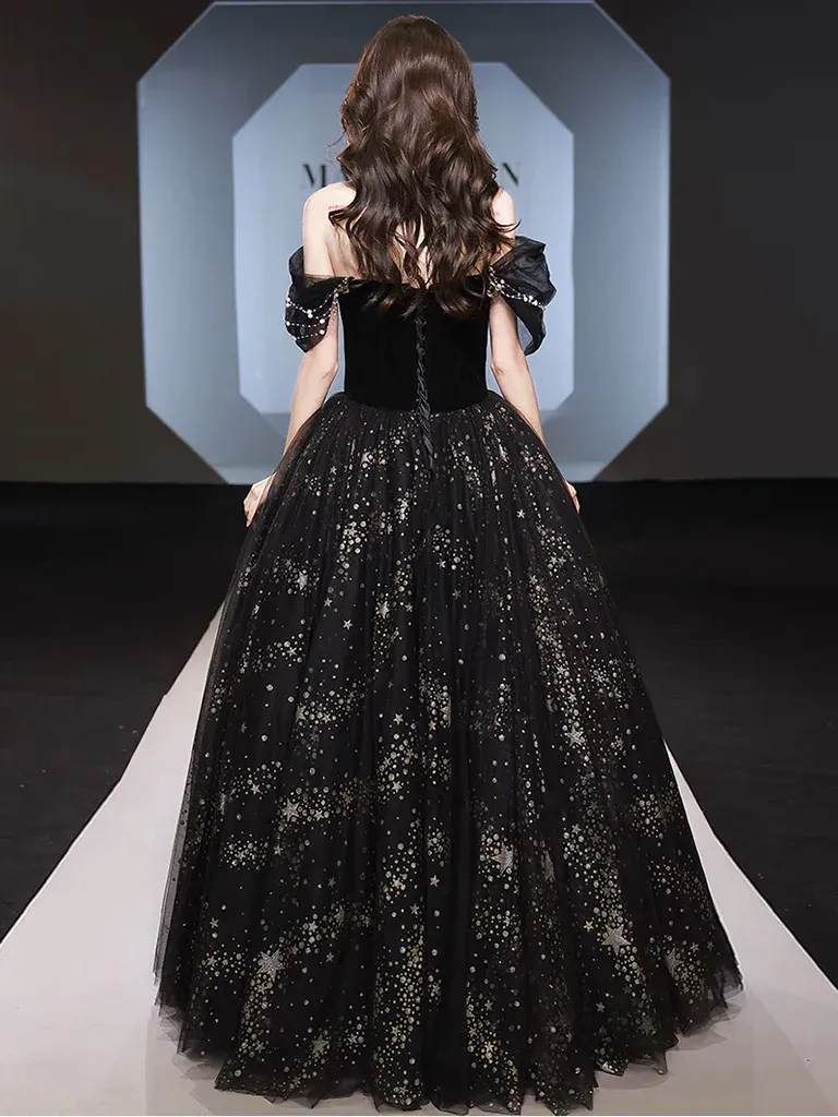 Black A-Line Off Shoulder Tulle Lace Long Prom Dress with Beads,DP1566