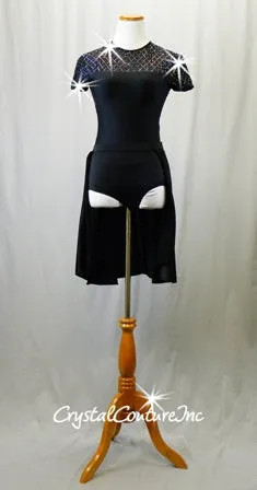 Black Leotard with Open Back and 2 Optional Black Skirts - Rhinestones