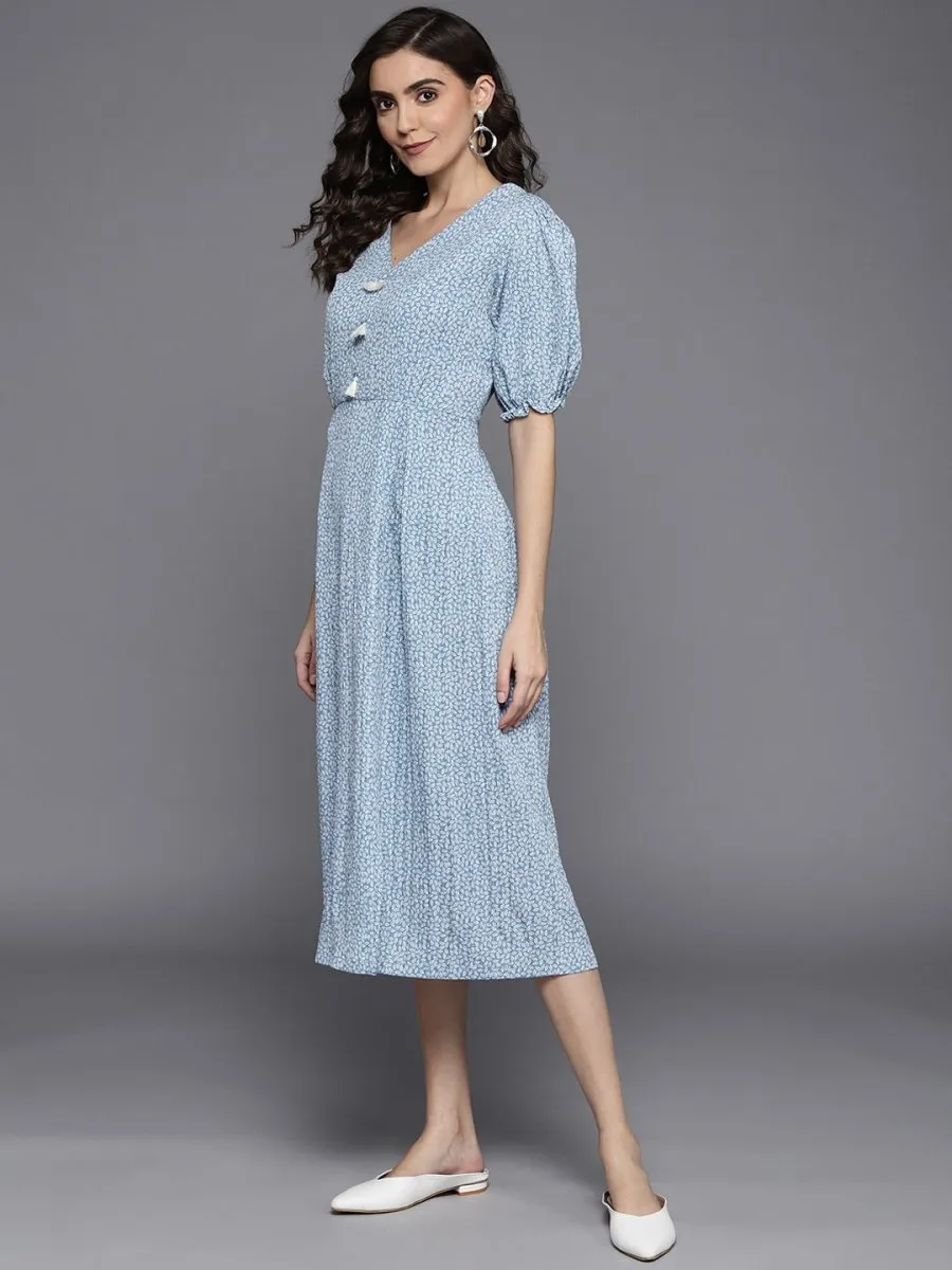 Blue & White Floral A-Line Midi Dress