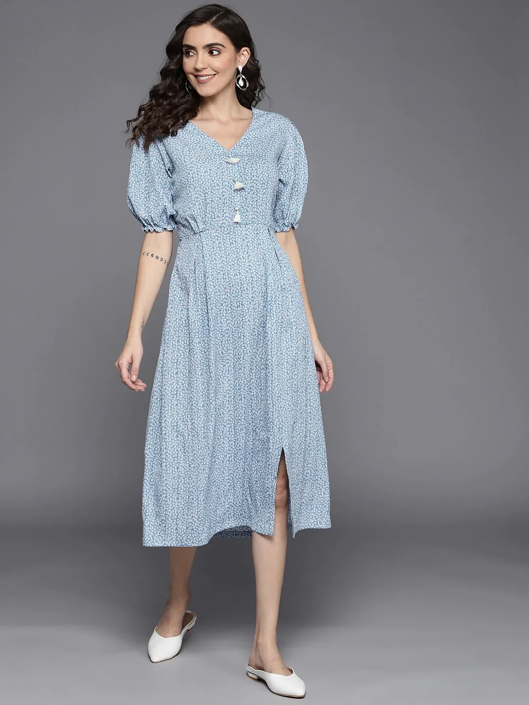Blue & White Floral A-Line Midi Dress