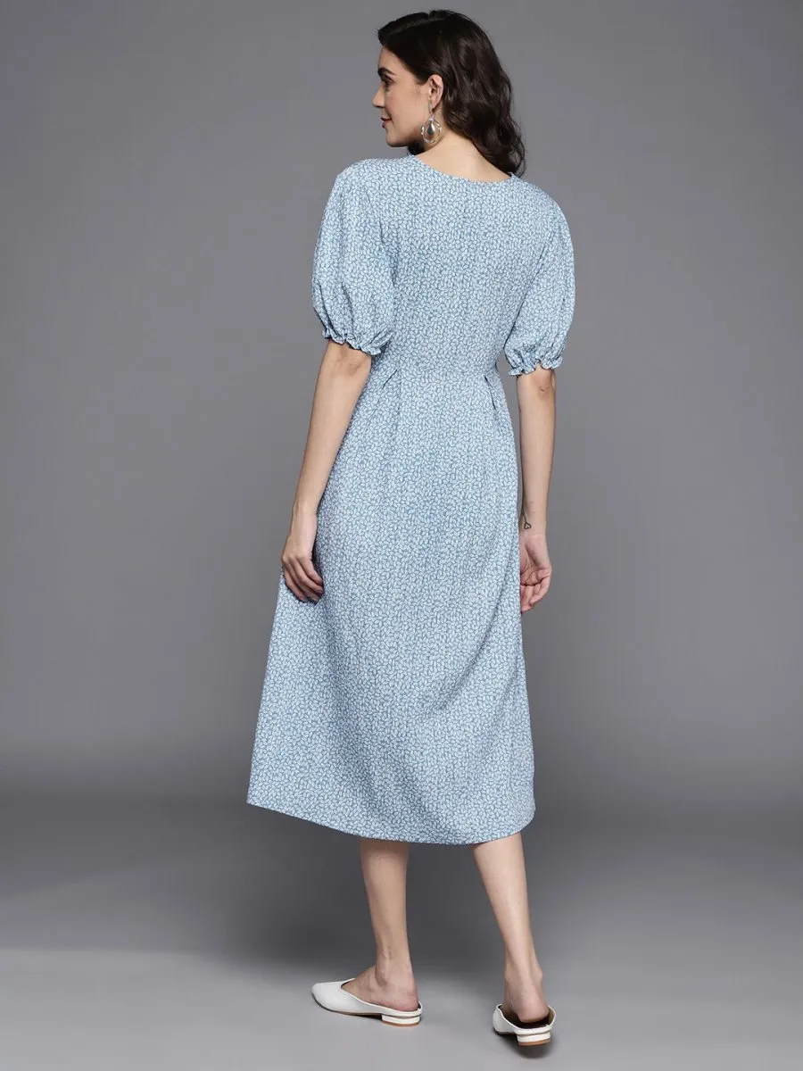 Blue & White Floral A-Line Midi Dress