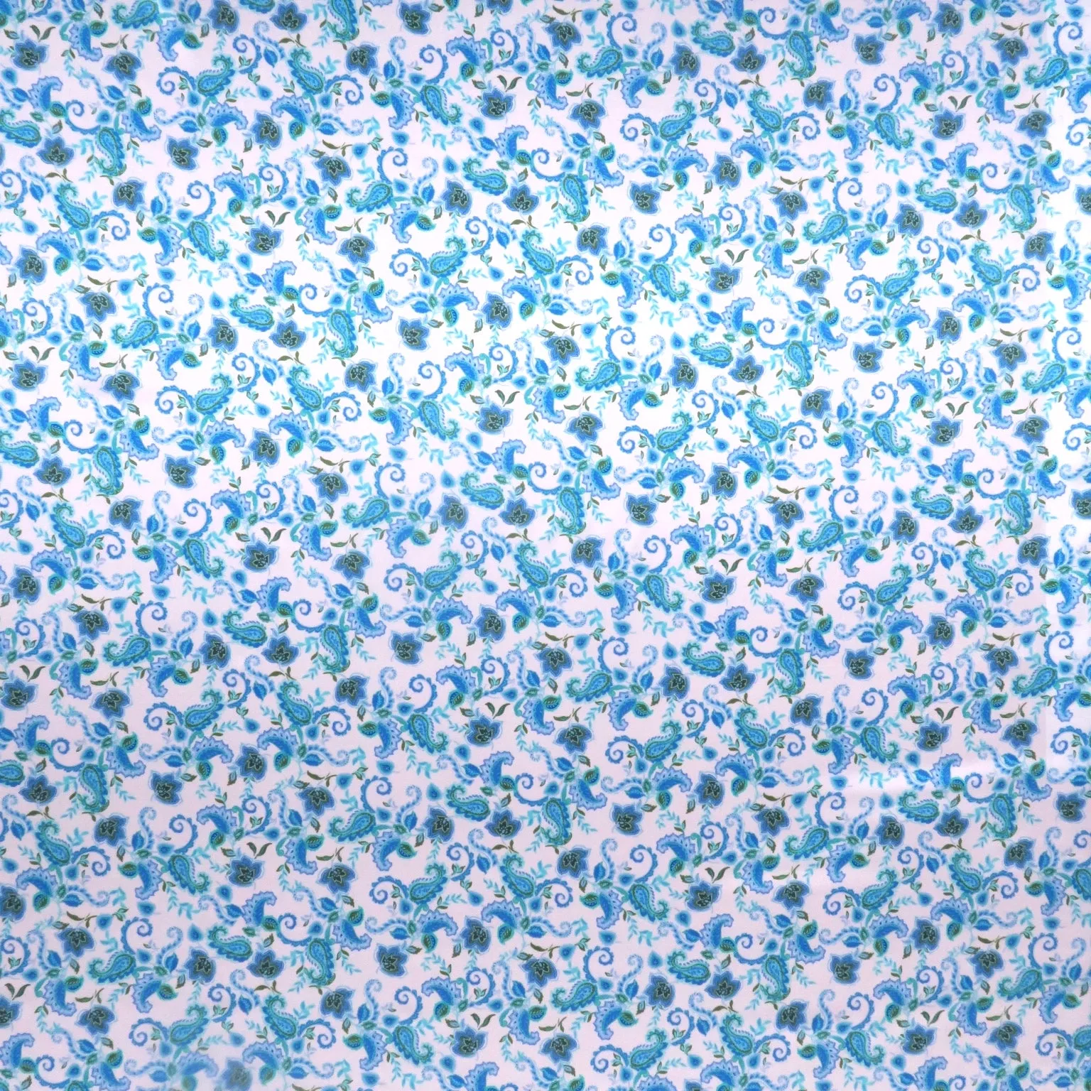 Blue Floral and Paisleys on White Background Printed Silk Charmeuse Fabric