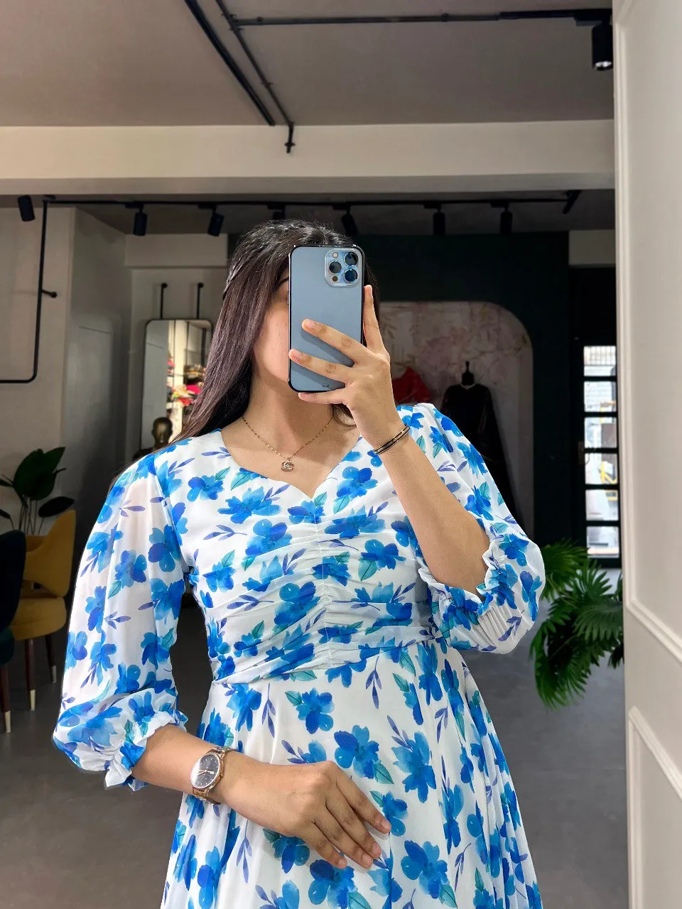 Blue Floral Georgette Frock - Elegant Spring Dress