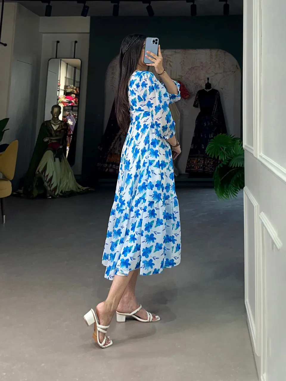 Blue Floral Georgette Frock - Elegant Spring Dress