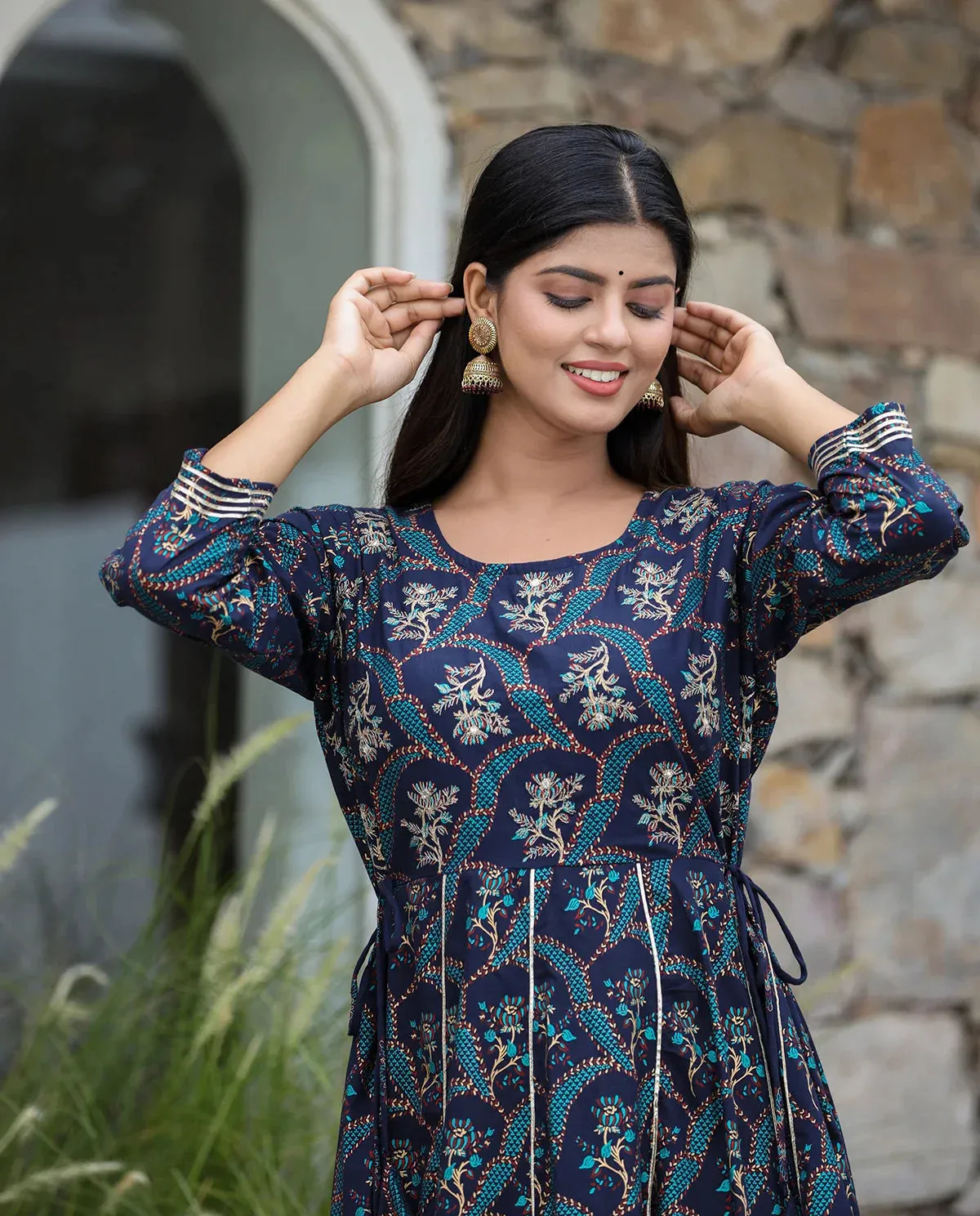 Blue Gold Printed Embroidered Cotton Ethnic Dress