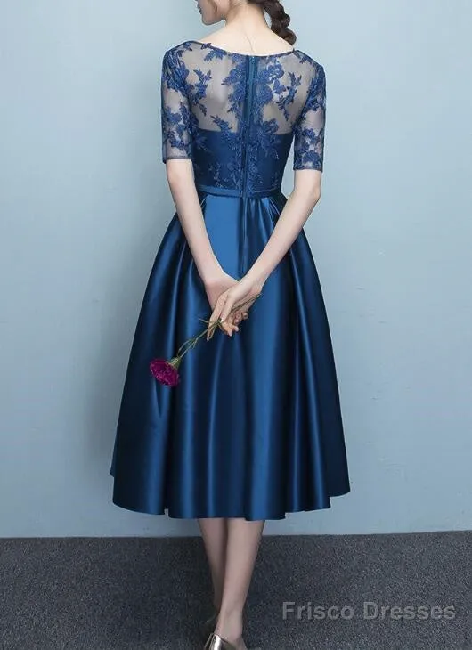 Blue Short Sleeves Tea Length Formal Dress, Blue Bridesmaid Dresses, Wedding Party Dresses