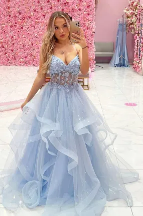 Blue Tulle Lace Long Prom Dresses A-Line Party Dresses V-neck Sexy