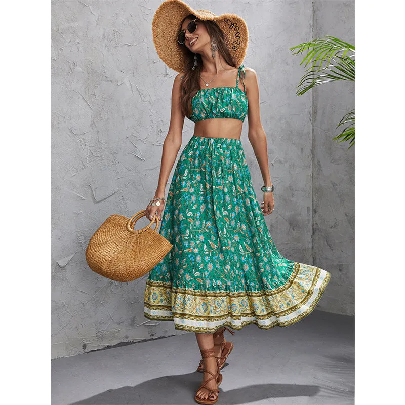 Boho Printed Spaghetti Straps Tops & Mid-Length Skirts Bohemian Suit Wholesale Women'S 2 Piece Sets