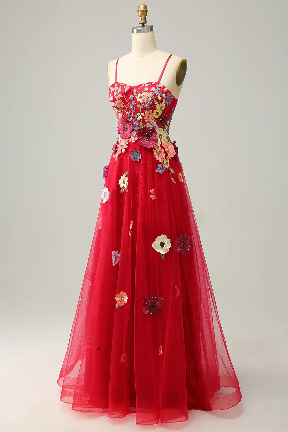 Burgundy A-Line Spaghetti Straps Long Prom Dress With Appliques,DP1126