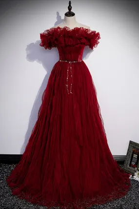 Burgundy Tulle Long Prom Dresses A-Line Off the Shoulder Evening Party Dresses Sexy