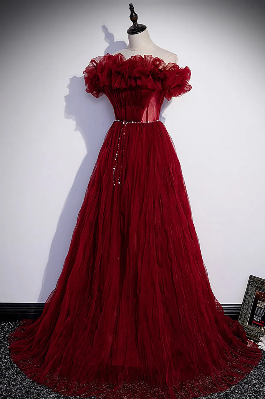 Burgundy Tulle Long Prom Dresses A-Line Off the Shoulder Evening Party Dresses Sexy