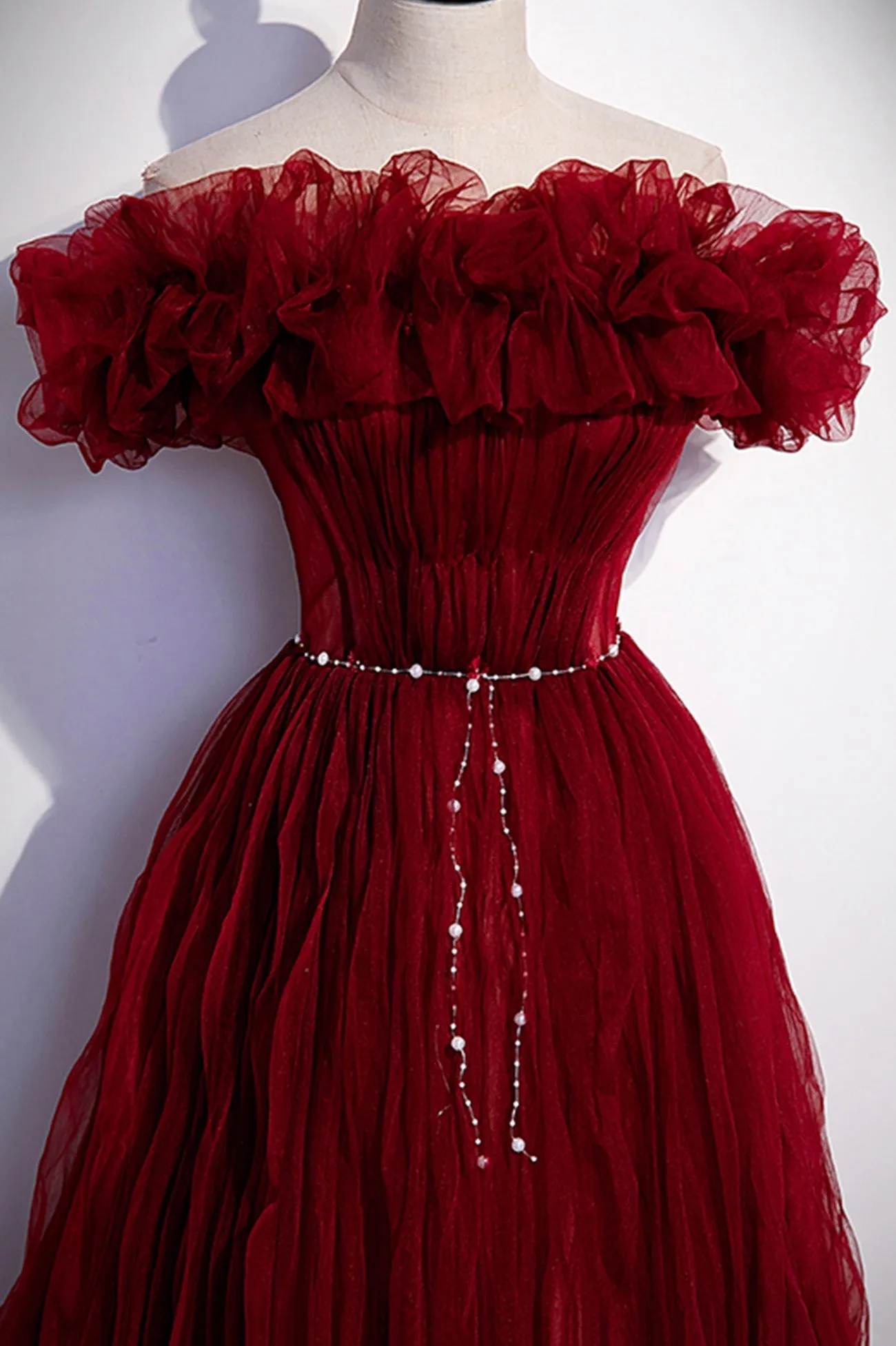 Burgundy Tulle Long Prom Dresses A-Line Off the Shoulder Evening Party Dresses Sexy