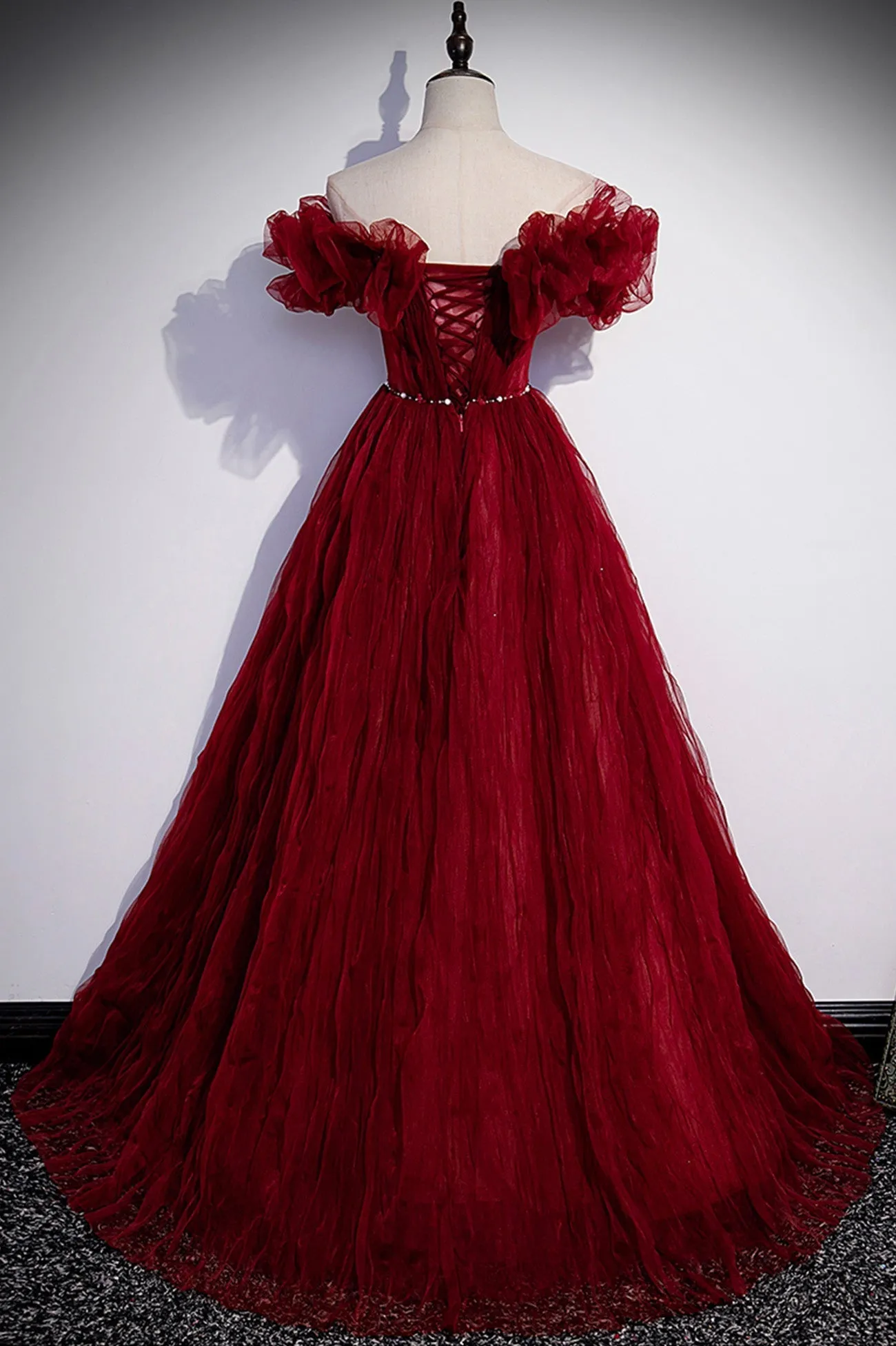 Burgundy Tulle Long Prom Dresses A-Line Off the Shoulder Evening Party Dresses Sexy