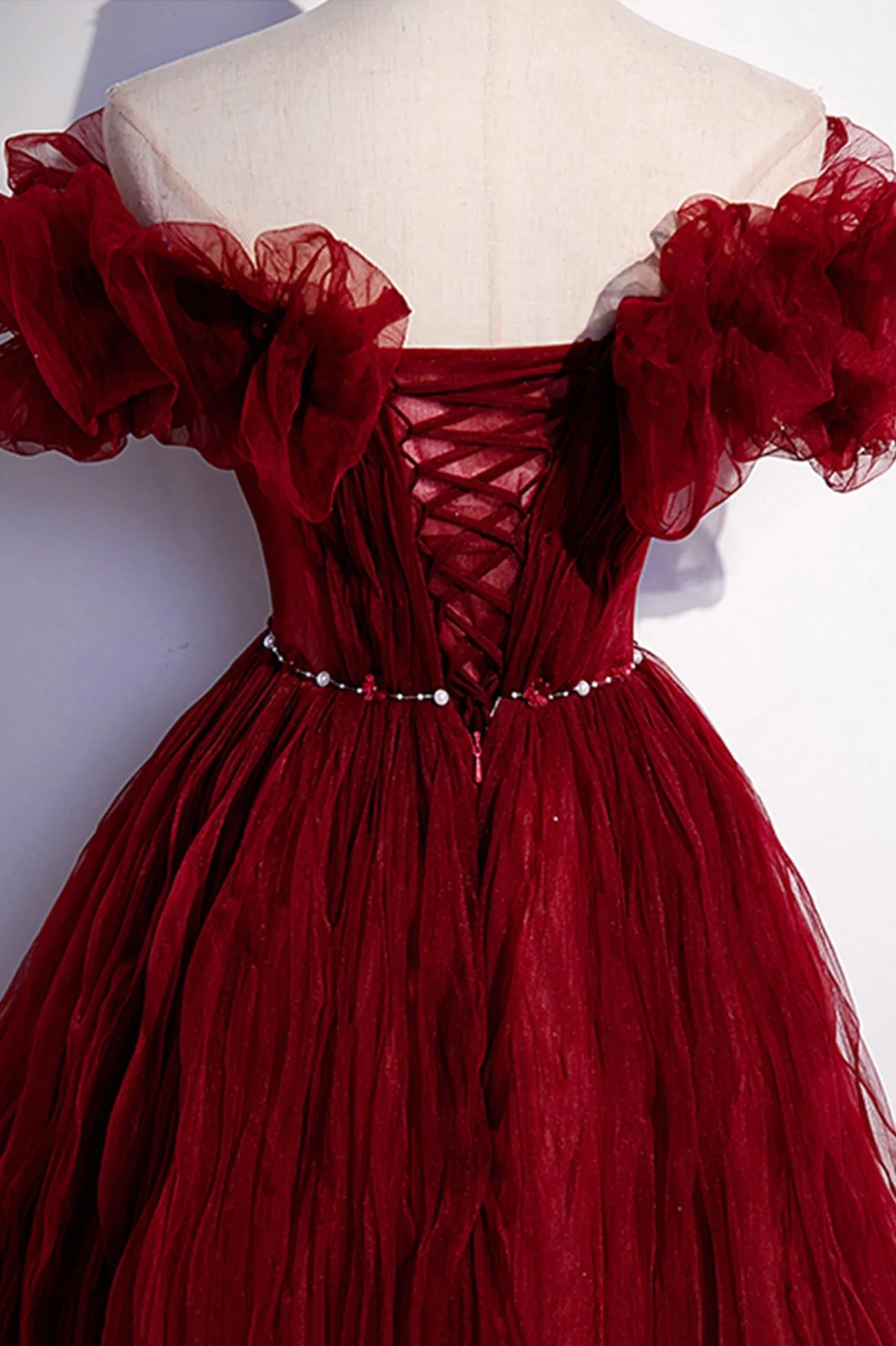 Burgundy Tulle Long Prom Dresses A-Line Off the Shoulder Evening Party Dresses Sexy
