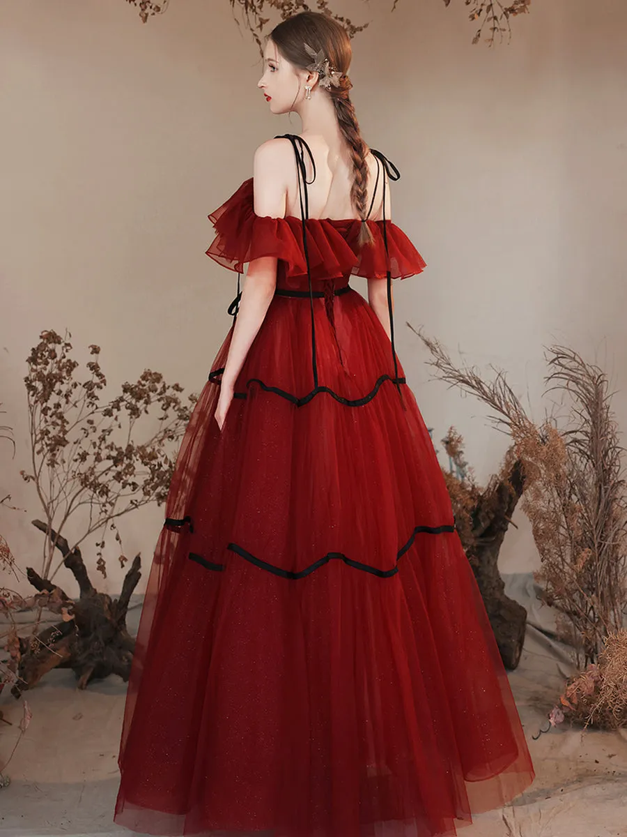 Burgundy Tulle Long Prom Dresses Off Shoulder Evening Party Dresses
