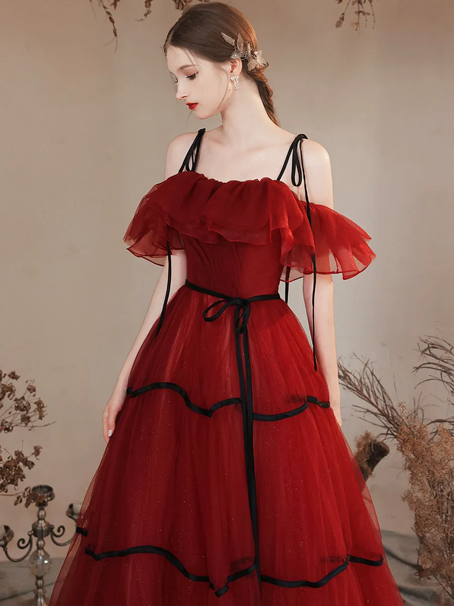 Burgundy Tulle Long Prom Dresses Off Shoulder Evening Party Dresses