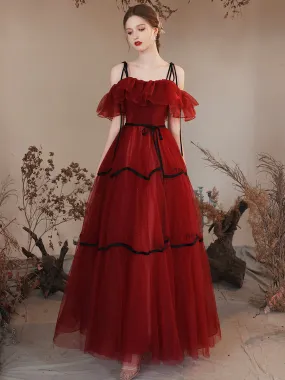 Burgundy Tulle Long Prom Dresses Off Shoulder Evening Party Dresses