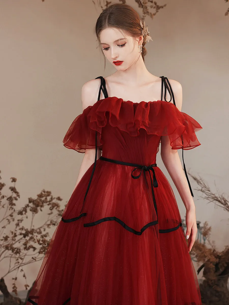Burgundy Tulle Long Prom Dresses Off Shoulder Evening Party Dresses