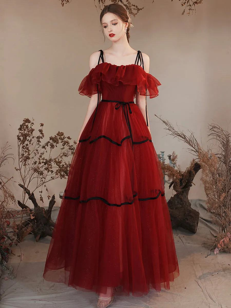 Burgundy Tulle Long Prom Dresses Off Shoulder Evening Party Dresses