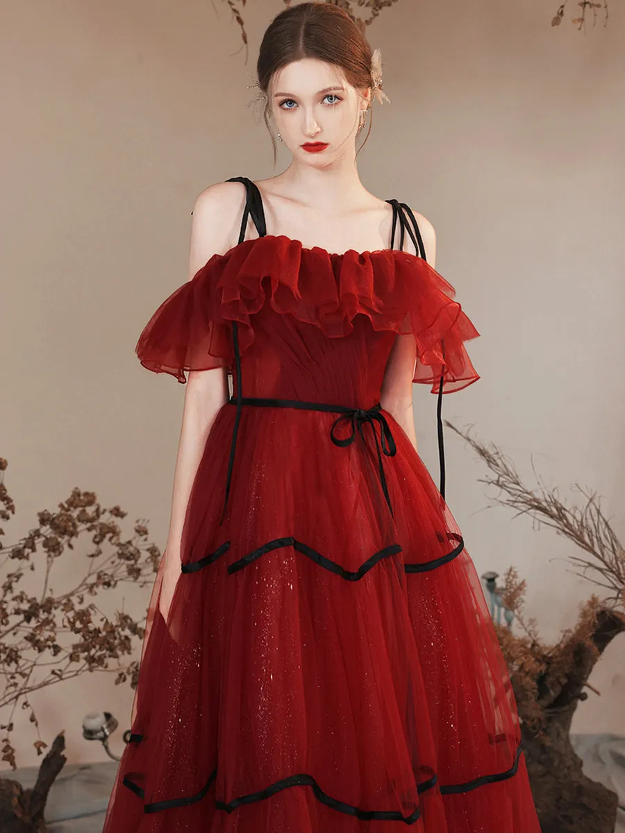 Burgundy Tulle Long Prom Dresses Off Shoulder Evening Party Dresses