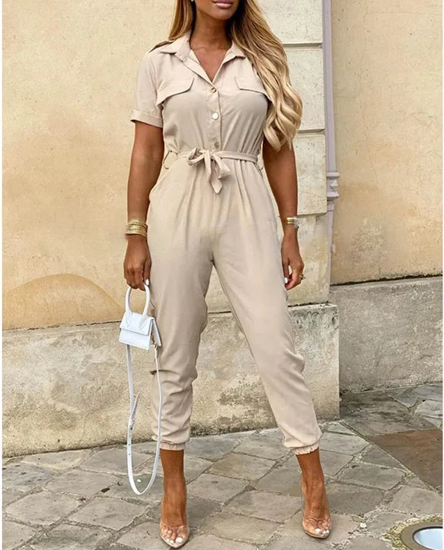 Casual Lapel Buckle Printed Belt Jumpsuit
